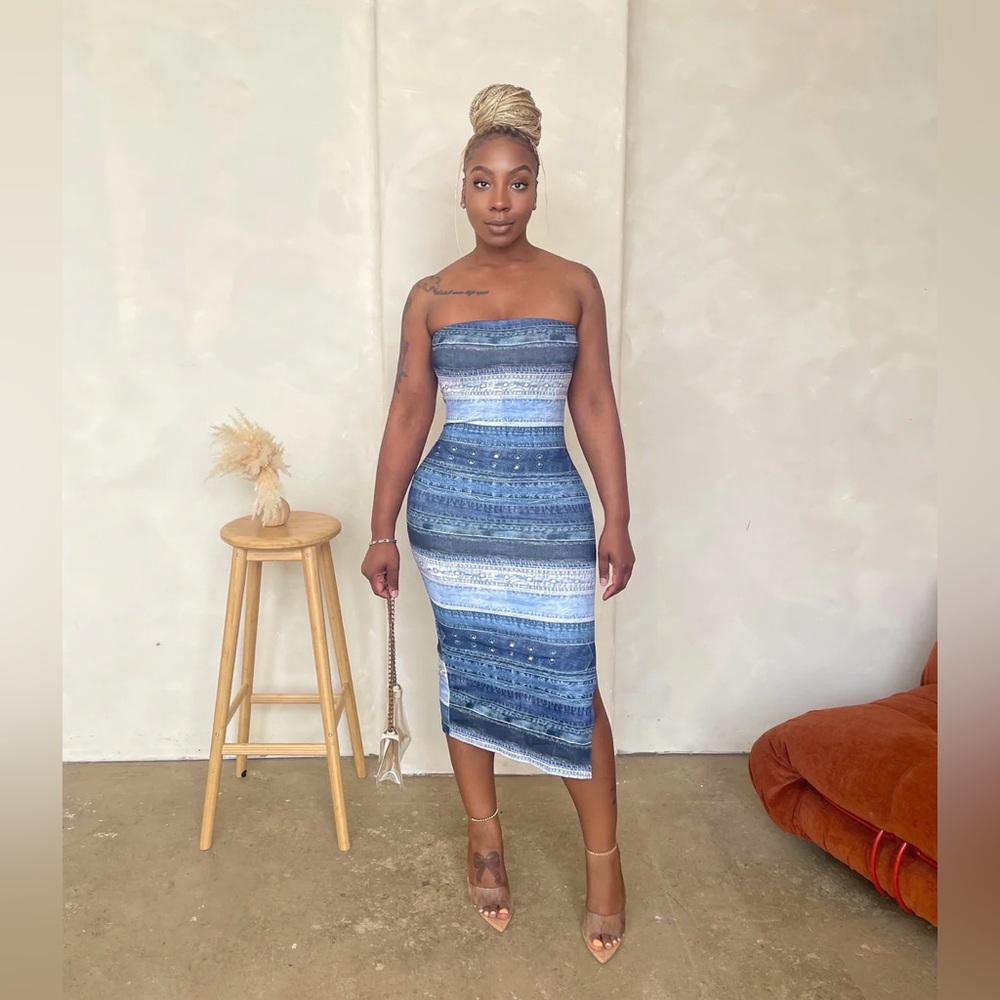 Denim Print Midi Tube Dress